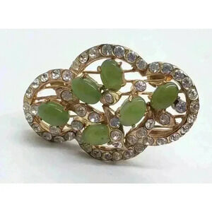 Vintage Brooch Jade 10k Gold Filled Rhinestone Accents art deco Flower Leaves